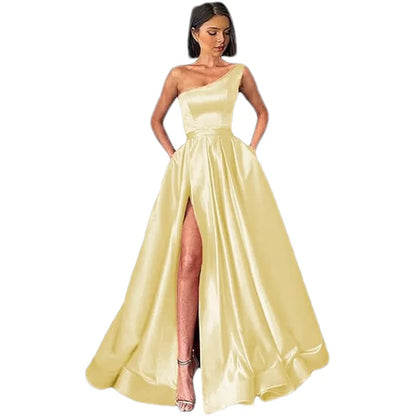 Customized Women's One Shoulder Prom Dresses Long Ball Gown High Slit Satin Corset Formal Dress Evening Gowns with Pockets