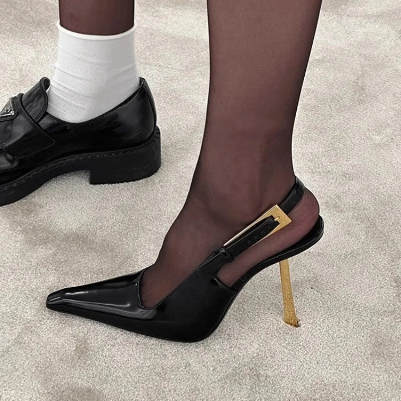 2025 Spring And Summer New Black Patent Leather High Heels Women Slim Heel Shoes Temperament Minority Pointed Sandals