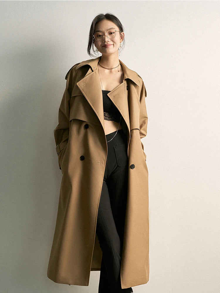 Lautaro Spring Autumn Khaki Long Trench Coat for Women Double Breasted Elegant Luxury Chic British Style Fashion Overcoat 2026