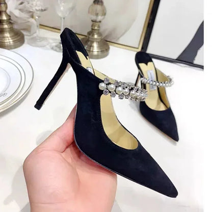 Women's Sandals 2026 New High Heels Fashion Water Diamond Chain Banquet Pointed Fine Heels Women's Muller Shoes