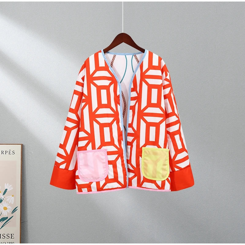 HH Floral Print Jacket For Women Autumn Quilted Reversible Cotton Coat Cardigan Long Sleeve Jackets Elegant Woman Streetwear