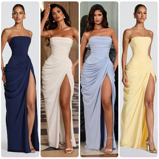 Women Sexy Solid Pleated Strapless Dress Lady Chic Off-shoulder Backless High Waist Split Dresses 2026 New Evening Party Gown