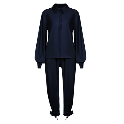 Classic Solid Shirt Pants Set Women Casual Loose Long Sleeved Lapel Elastic Waist Two Piece Suit 2025 New Summer Street Outfit