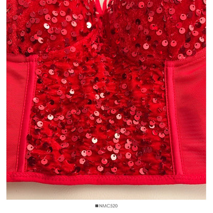 Sexy Sequins Tank Top Corset for Women Mesh Patchwork Backless Spaghetti Strap Camis Shiny Crop Tops Women's Clothing Dropship