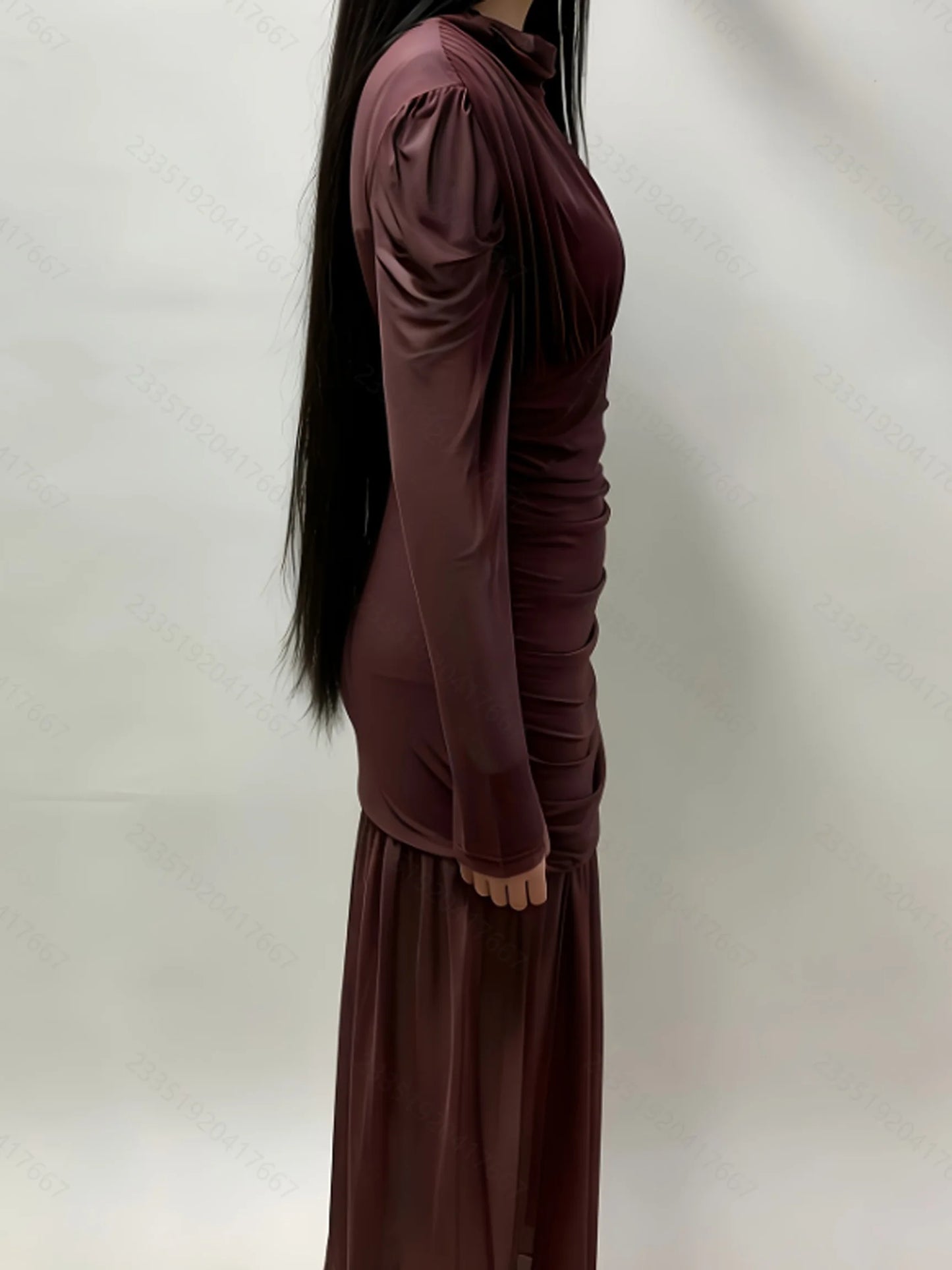 Elegant Sheer Long Sleeve High Neck Ruched Bodycon Dress For Women, Fashion Slim Party Banquet Art Exhibition Outfit
