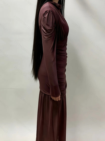 Elegant Sheer Long Sleeve High Neck Ruched Bodycon Dress For Women, Fashion Slim Party Banquet Art Exhibition Outfit