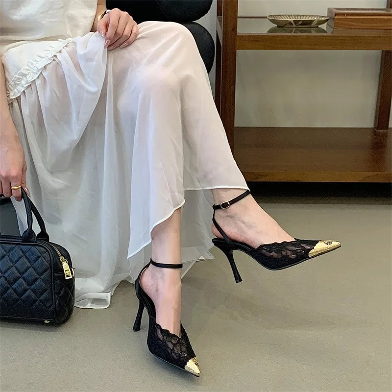Eilyken New Design Breathable Mesh Thin High Heels Woman Pumps Elegant Pointed Toe Buckle Strap Party Prom Mule Shoes