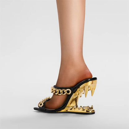 2026 Big Gold Chain Peep Toe Tiger Teeth Heel Sandals 2024 New Fashion Silvery Beach Party Outdoors Women's Slippers Size 35-43