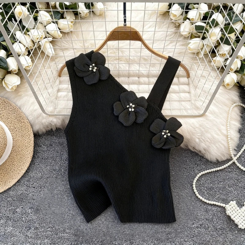 White 3D Flower Asymmetrical Strap Crop Tank Women's Clothing Sleeveless Stretchy Ribbed Knit Casual Summer Sweet Cami Top