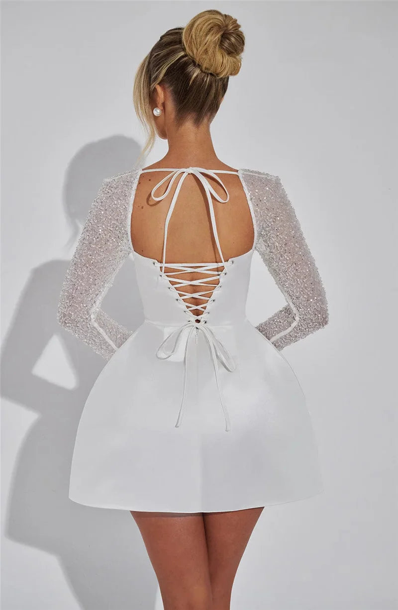 Mozision Glitter Long Sleeve Backless Sexy Mini Dress For Women Robe Square Collar Lace-up High Waist A-line Club Dress Elegant