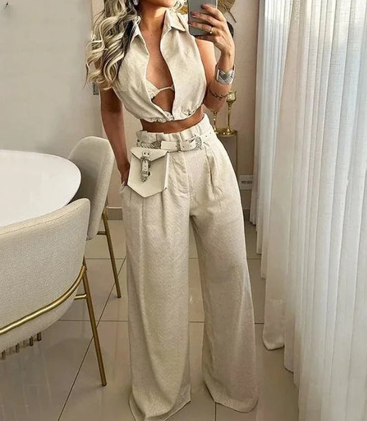 Womens 2 Piece Pants Set Solid Lapel V Neck Sleeveless Crop Top + Casual High Waist Pocket Wide Leg Pants Set Streetwear