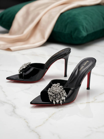 Summer new open toed rhinestone purple straight strap thin heel slippers with feminine feel,wearing crystal shoes and high heels