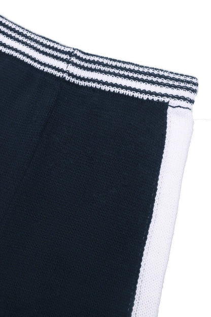Women's Two-Piece Knit Set Contrast Trim Cardigan & Wide-Leg Pants Casual Loungewear (White/Navy Blue)
