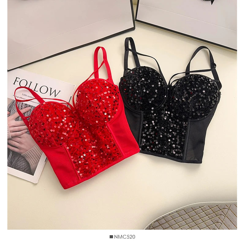 Sexy Sequins Tank Top Corset for Women Mesh Patchwork Backless Spaghetti Strap Camis Shiny Crop Tops Women's Clothing Dropship