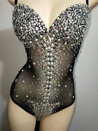 Women Sexy Pearl Strap Drag Queen Rhinestone Bodysuits Birthday Outfit Leotard Black Stage Wear 2025