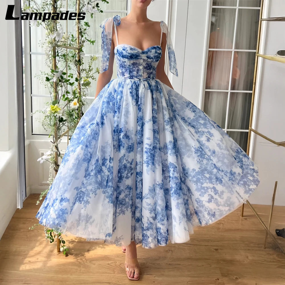 Customized Floral Print Prom Dresses Tea Length Sweetheart Tie Straps Tulle Fairy Dress Cocktail Formal Party Gowns