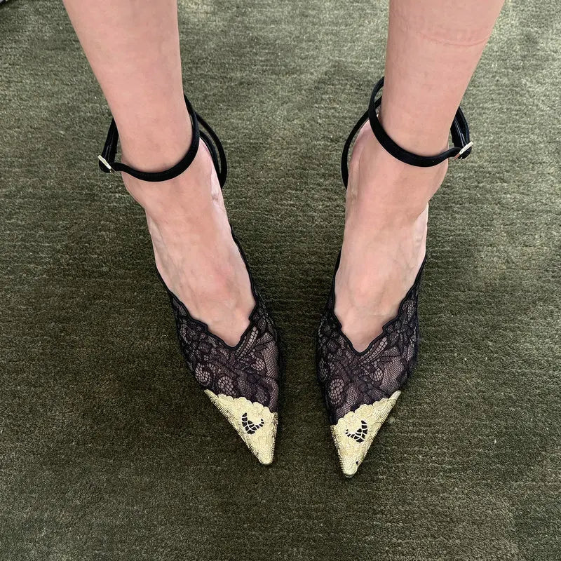 2026 Fashion Lace Sequin Hollow Out Mesh Women Pumps Sexy Pointed Toe Designer Low Heels Slingback Sandals Ladies Shoes