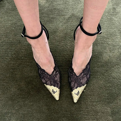 2026 Fashion Lace Sequin Hollow Out Mesh Women Pumps Sexy Pointed Toe Designer Low Heels Slingback Sandals Ladies Shoes