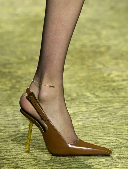 Black Pointed Toe High Heels Thin Heel Metal Cap Sandals Women's Shoes Elegant Painted Leather Sexy Fine Heel New 2025