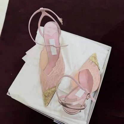2026 Fashion Lace Sequin Hollow Out Mesh Women Pumps Sexy Pointed Toe Designer Low Heels Slingback Sandals Ladies Shoes