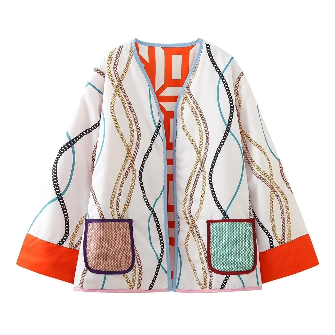 HH Floral Print Jacket For Women Autumn Quilted Reversible Cotton Coat Cardigan Long Sleeve Jackets Elegant Woman Streetwear