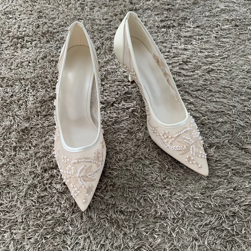 String Bead Mesh Embroider High Heels Women Sexy Pointed Toe Heeled Sandals Summer Elegant Luxury Designer Wedding Pumps Shoes