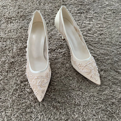 String Bead Mesh Embroider High Heels Women Sexy Pointed Toe Heeled Sandals Summer Elegant Luxury Designer Wedding Pumps Shoes