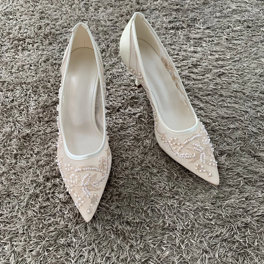String Bead Mesh Embroider High Heels Women Sexy Pointed Toe Heeled Sandals Summer Elegant Luxury Designer Wedding Pumps Shoes