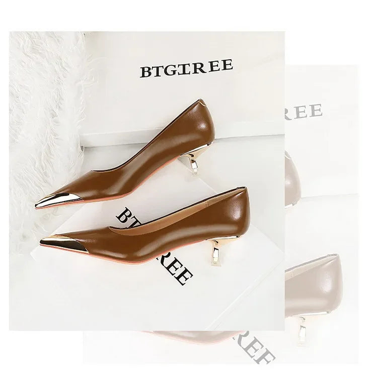 BIGTREE Retro Shallow Metal Pointed Toe High Heels Women Pumps  Stripper Elegant Party Thin Low Heels Black Heels Shoes