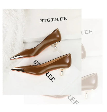 BIGTREE Retro Shallow Metal Pointed Toe High Heels Women Pumps  Stripper Elegant Party Thin Low Heels Black Heels Shoes