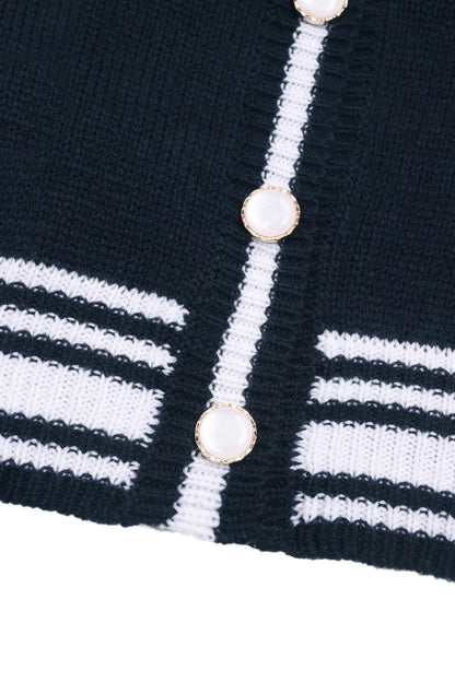 Women's Two-Piece Knit Set Contrast Trim Cardigan & Wide-Leg Pants Casual Loungewear (White/Navy Blue)