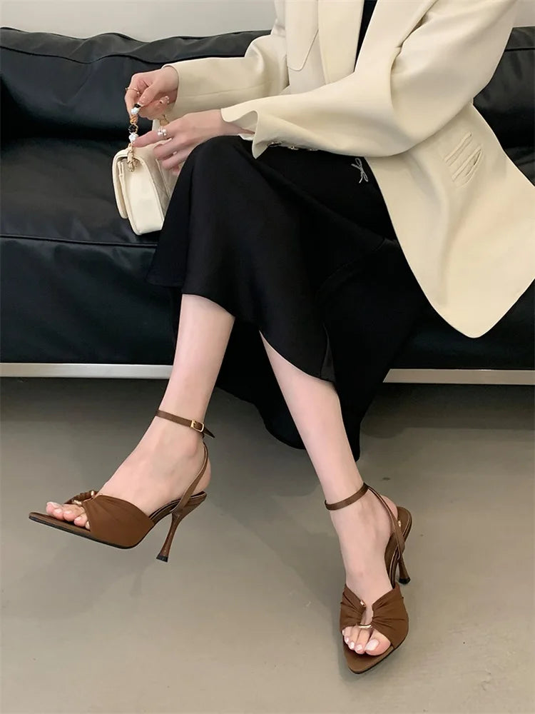 Eilyken Summer Fashion Thin Heels Pleated Hollow Out Buckle Strap Women Sandals Pointed Toe Banquet Party Female Shoes  6CM 9CM