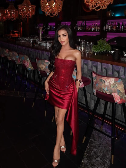 Suninheart Luxury Elegant Strapless Dress Corset Vestidos Sexy Red Satin Draped Dress Mini Women Wedding Cocktail Party Dresses