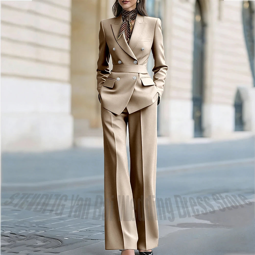 Customized Straight Women's Suits Two Pieces Classic Double Breasted Solid Color High Street Business Casual Office Suit Set