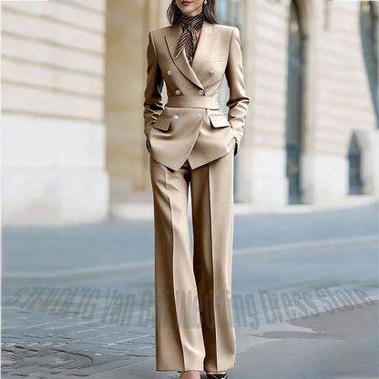 Customized Straight Women's Suits Two Pieces Classic Double Breasted Solid Color High Street Business Casual Office Suit Set
