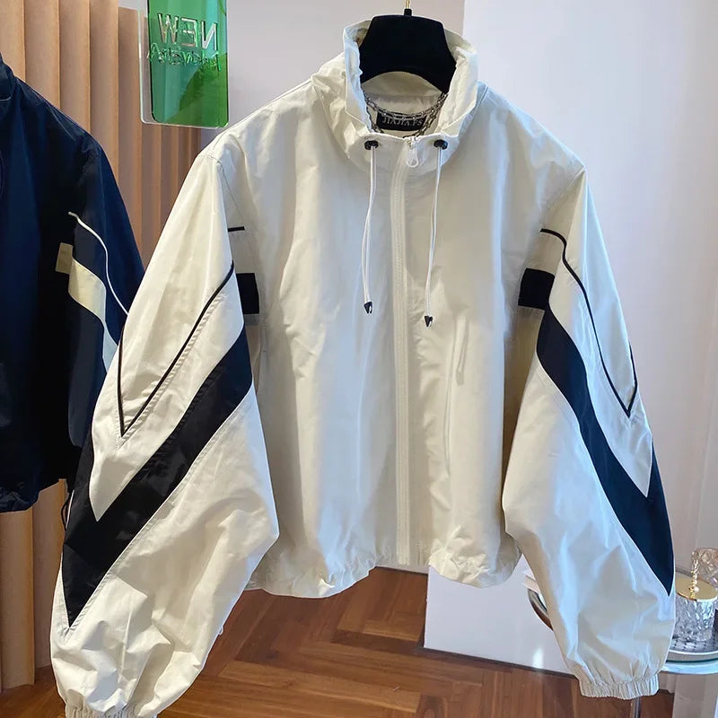 American retro drawstring black and white contrast stitching coat women's autumn new loose leisure sports baseball uniform