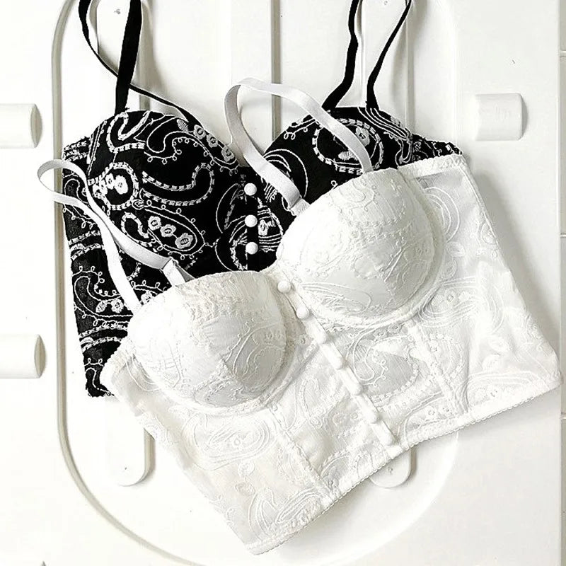 Women Crocheted 3D Lace Corset Stylish Floral Embroidery Bustier Push Up Bra Lady Tank Top Elegant Cropped Top Club Party Bralet