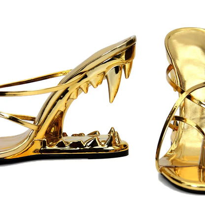 2026 Big Gold Chain Peep Toe Tiger Teeth Heel Sandals 2024 New Fashion Silvery Beach Party Outdoors Women's Slippers Size 35-43