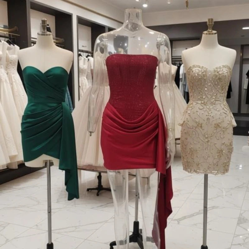 Suninheart Luxury Elegant Strapless Dress Corset Vestidos Sexy Red Satin Draped Dress Mini Women Wedding Cocktail Party Dresses