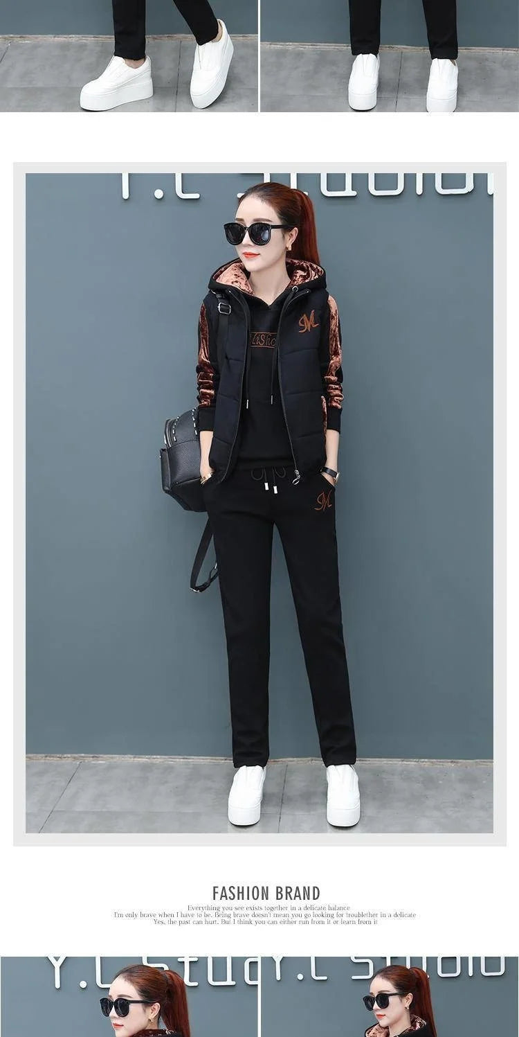 Women's Casual Fashion Autumn Winter New Sweat Suit Plush Thickened Hooded Tops and Waistcoat Pants 3 Three Piece Sets For Women