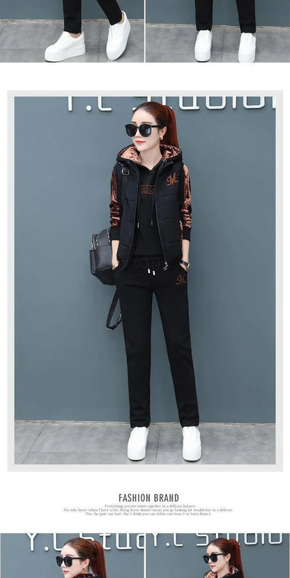 Women's Casual Fashion Autumn Winter New Sweat Suit Plush Thickened Hooded Tops and Waistcoat Pants 3 Three Piece Sets For Women
