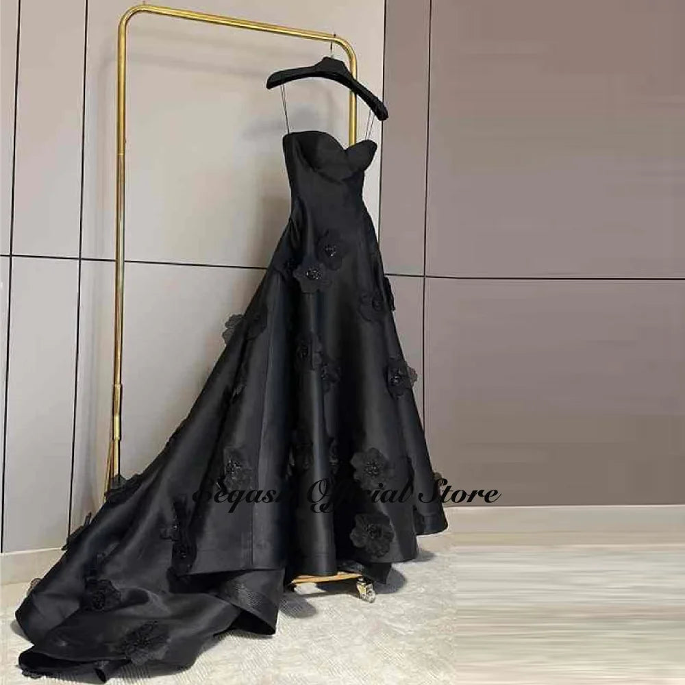 Black Flowers Evening Dress Ball Gown Satin Birthday Dresses Luxury Wedding Prom Long Party Bespoke Occasion Gala Customized