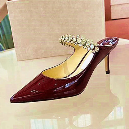 Women's Sandals 2026 New High Heels Fashion Water Diamond Chain Banquet Pointed Fine Heels Women's Muller Shoes