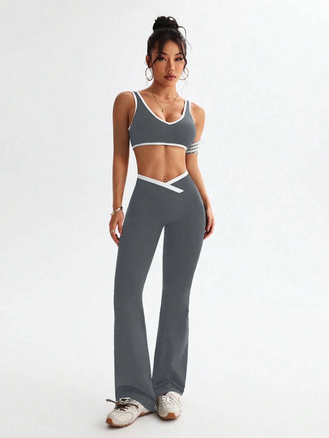 Womens One Piece Yoga Set Tummy Control Fitness Outfit Color Blocking Wide Strap with V Waist Flared Pants 2 Piece