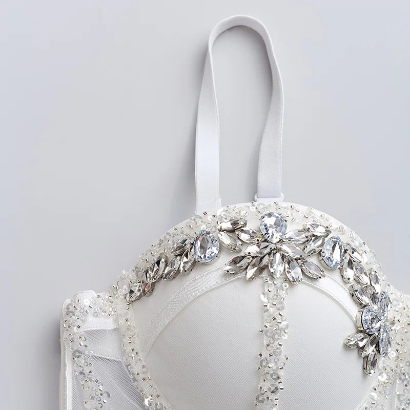 Fashion 2025 Women's Bikins White Diamonds Sling Feminine Short Crop Top Bungee Underwear Tank Tops Sexy Stage Costume Bras
