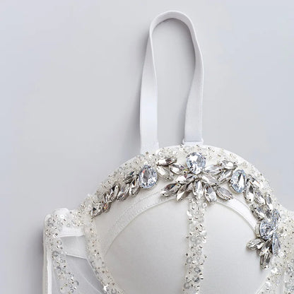 Fashion 2025 Women's Bikins White Diamonds Sling Feminine Short Crop Top Bungee Underwear Tank Tops Sexy Stage Costume Bras