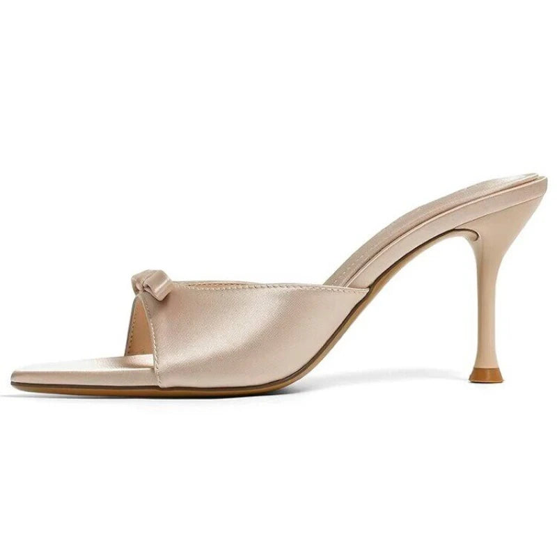 Designer Thin High Heel Summer Women Slippers Fashion Satin Butterfly-knot Dress Slides Ladies Sexy Stripper Party Sandals