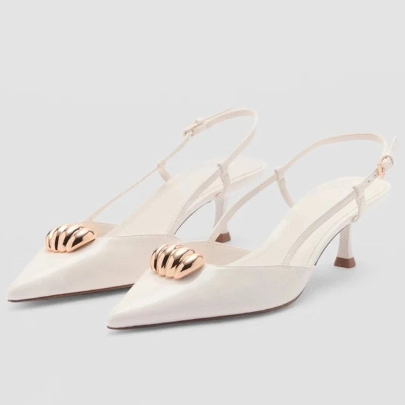 Fashion Metal Decoration Designer Pumps Women Sexy Pointed Toe Backless Banquet high Heels Luxury Wedding Bridal Shoes Sandals