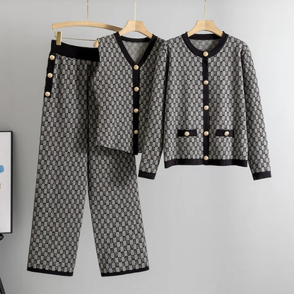 Knited 3 Piece Sets Elegant Women Long Sleeve Sweater Coat Single Breasted Knit Vest Trousers 2026 New