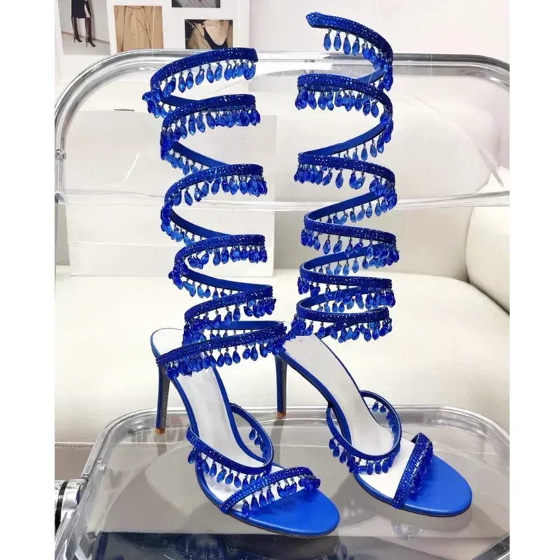 2024Women's New Water Diamond Sandals Fashion Tassel Crystal Shoes Sexy Banquet Party Twin Stiletto Women's Large Sandals